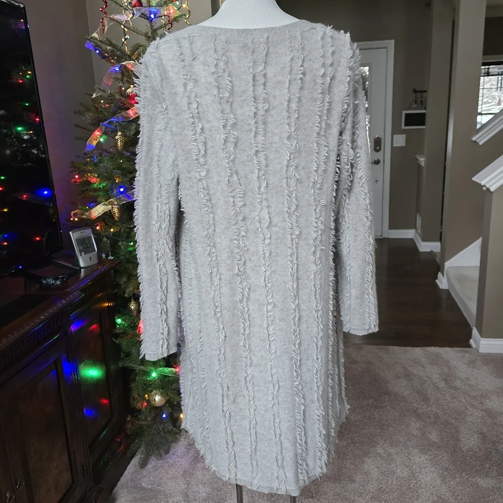 Neiman Marcus Women Cashmere L Cardigan Sweater Gray Fringe Luxury Cozy Office - Picture 3 of 16